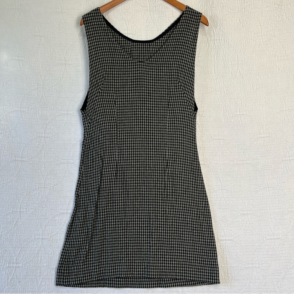 Vintage Wool Gingham Plaid Jumper Dress Pinafore Black Grey Homemade Pullover M